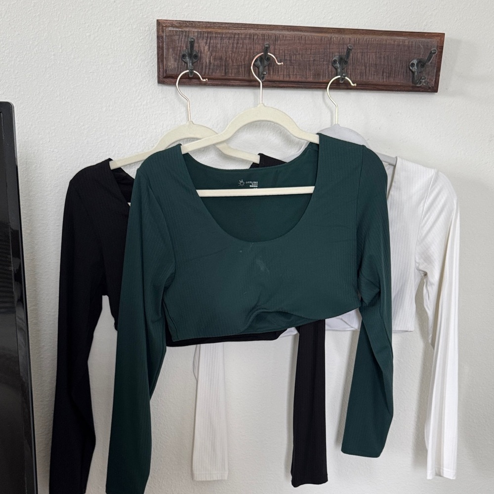Offline aerie Long Sleeve Dark Green Scoop Neck Crop Top